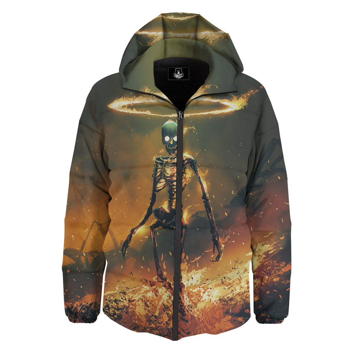Fire Skeleton Print Down Jacket-grizzshop
