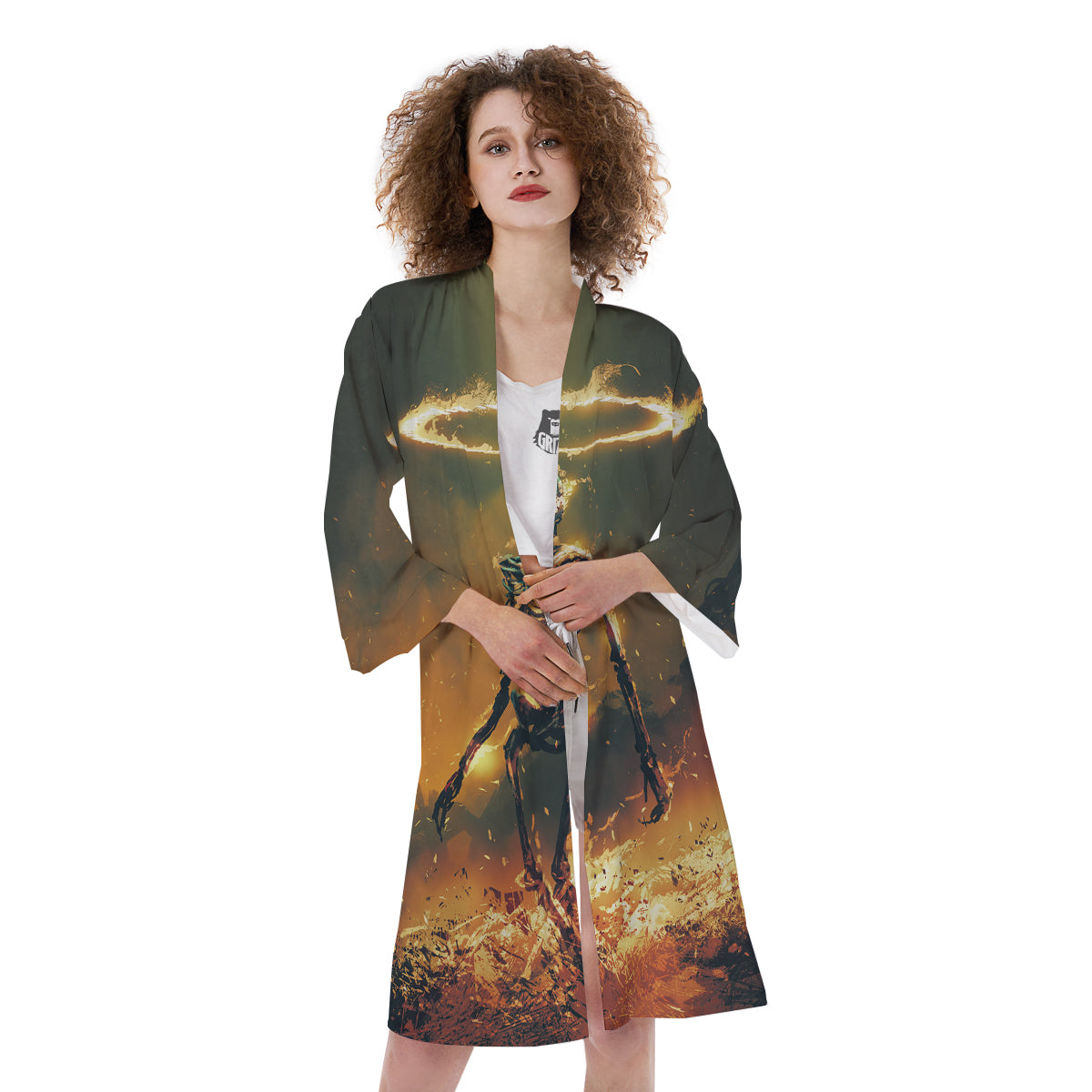 Fire Skeleton Print Kimono-grizzshop