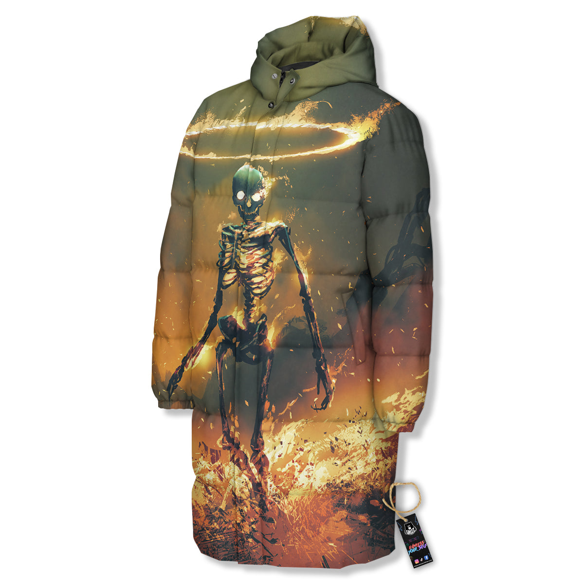 Fire Skeleton Print Long Down Jacket-grizzshop
