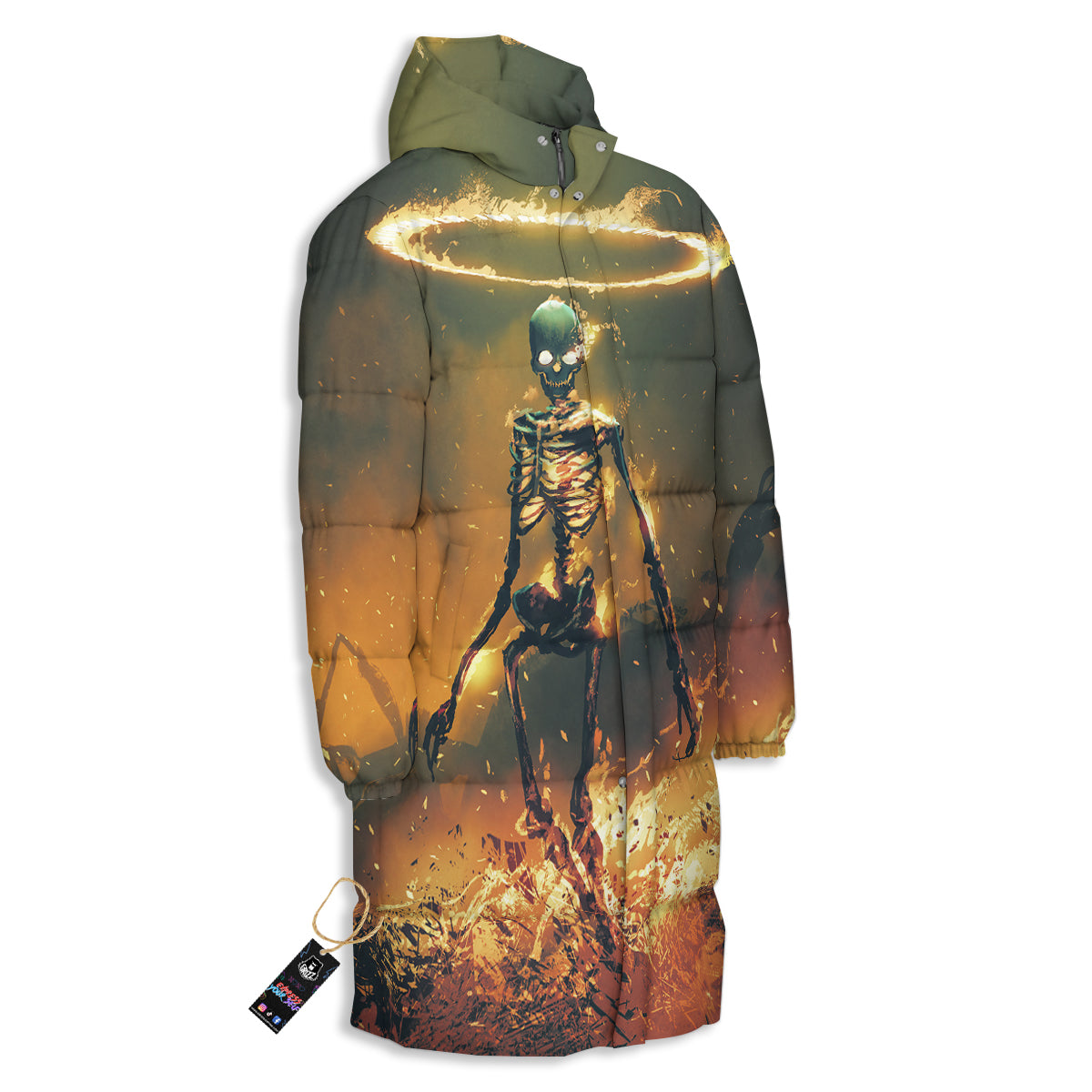 Fire Skeleton Print Long Down Jacket-grizzshop