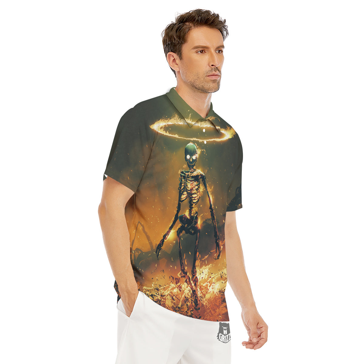 Fire Skeleton Print Men's Golf Shirts-grizzshop