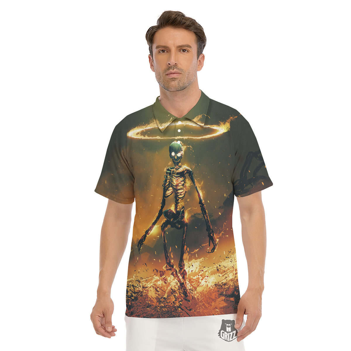 Fire Skeleton Print Men's Golf Shirts-grizzshop