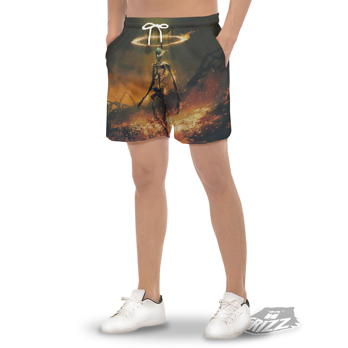 Fire Skeleton Print Men's Gym Shorts-grizzshop
