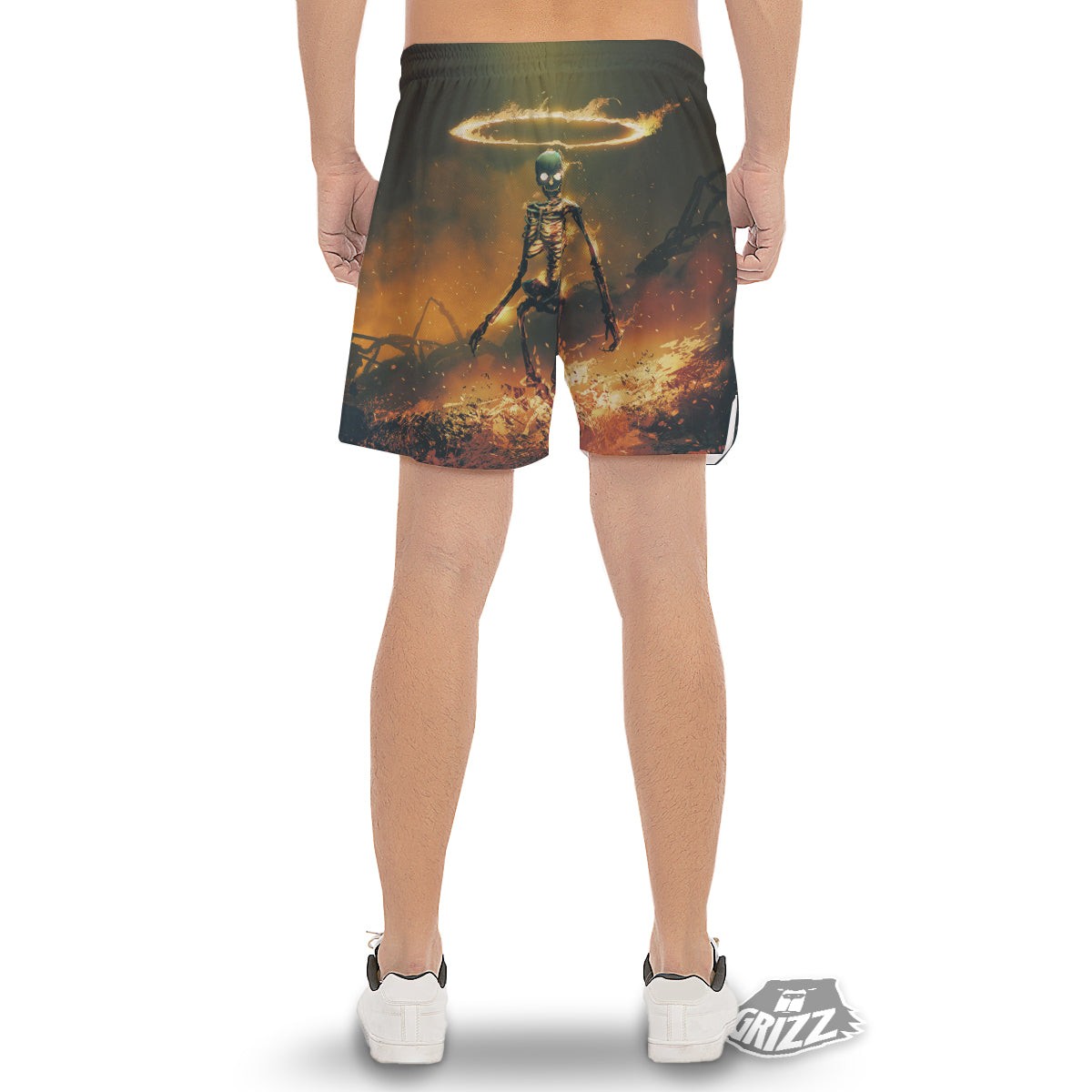 Fire Skeleton Print Men's Gym Shorts-grizzshop