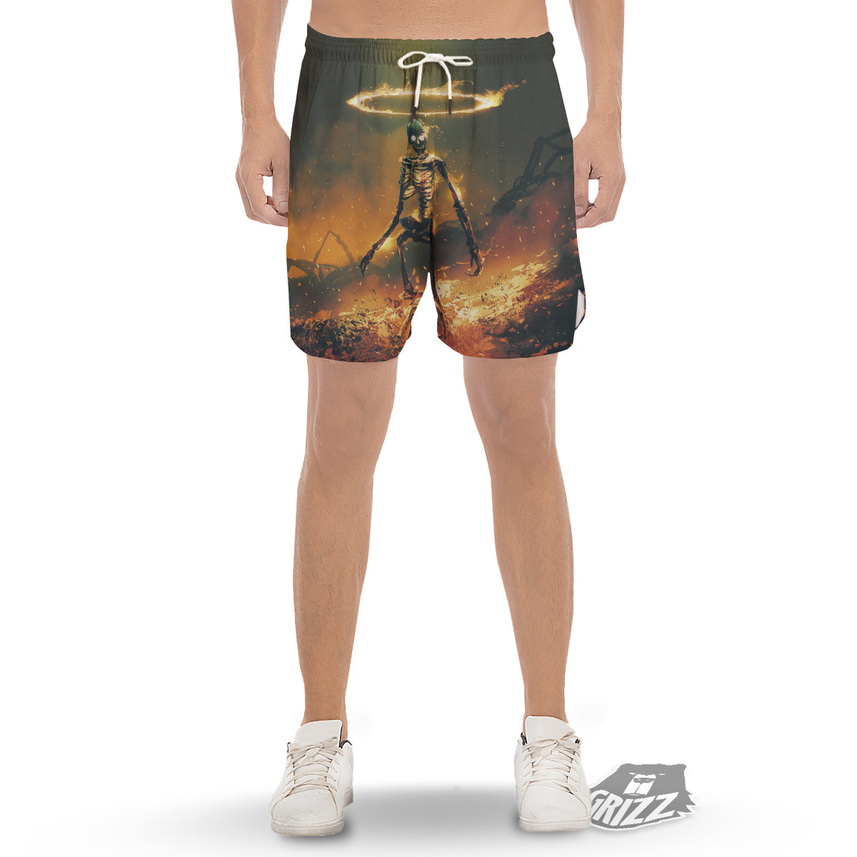 Fire Skeleton Print Men's Gym Shorts-grizzshop