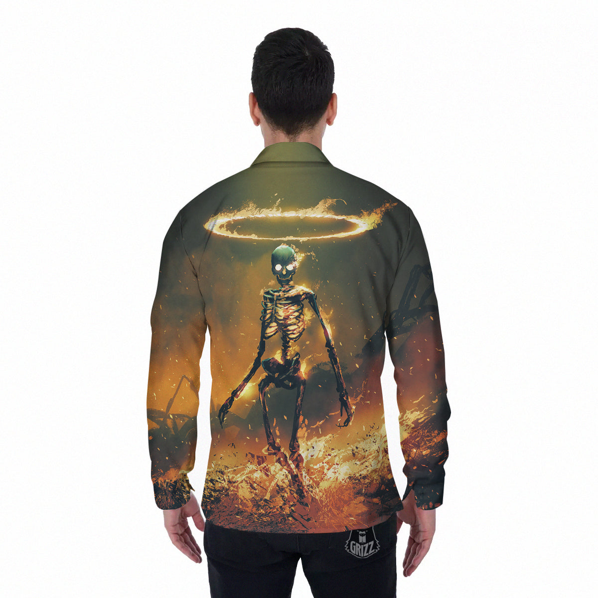 Fire Skeleton Print Men's Long Sleeve Shirts-grizzshop