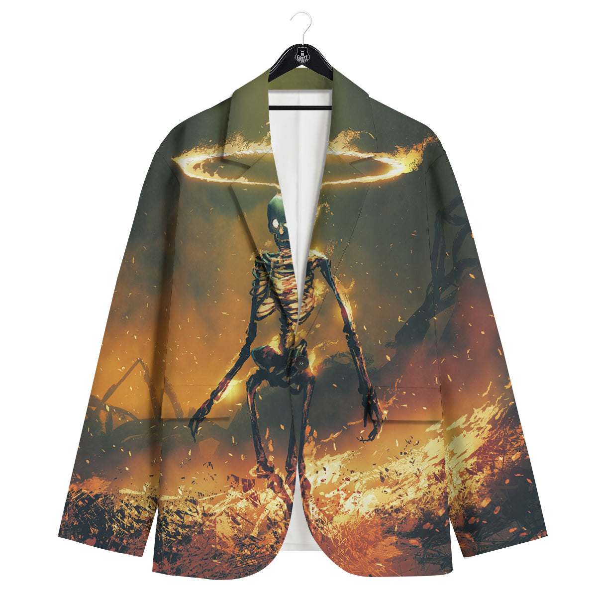 Fire Skeleton Print Men's Sport Coat-grizzshop