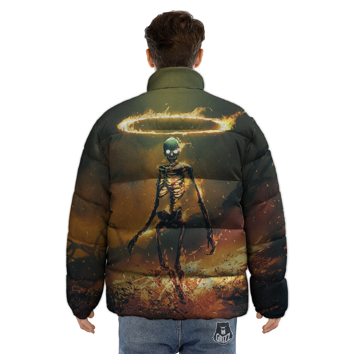 Fire Skeleton Print Puffer Jacket-grizzshop