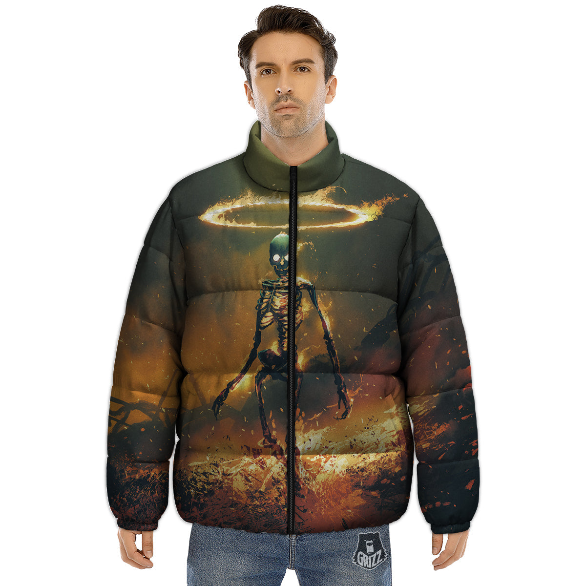 Fire Skeleton Print Puffer Jacket-grizzshop