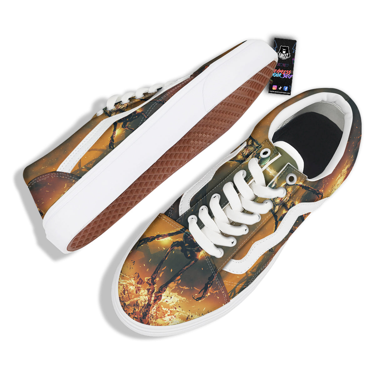 Fire Skeleton Print Skate Shoes-grizzshop
