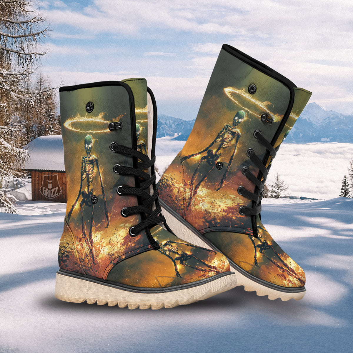 Fire Skeleton Print Snow Boots-grizzshop