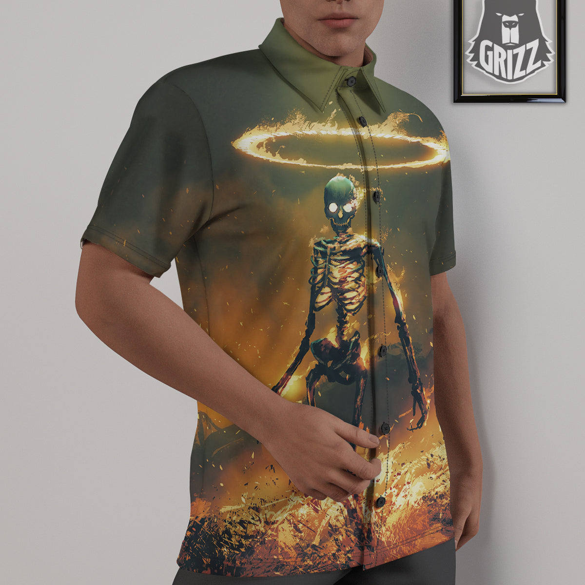 Fire Skeleton Print Untucked Shirts-grizzshop