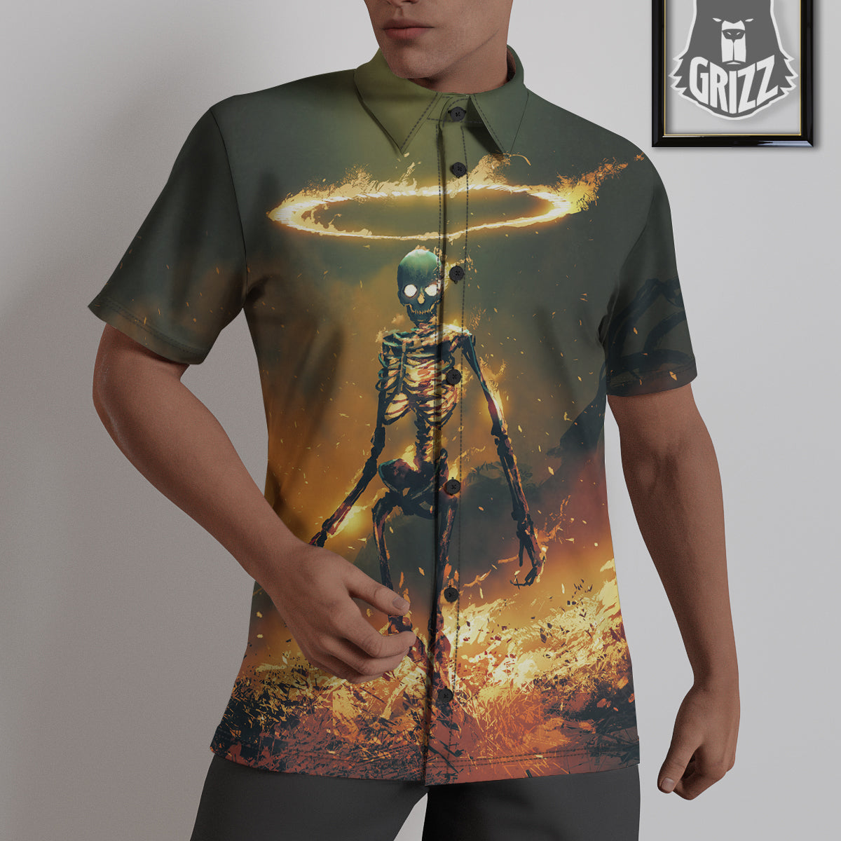Fire Skeleton Print Untucked Shirts-grizzshop
