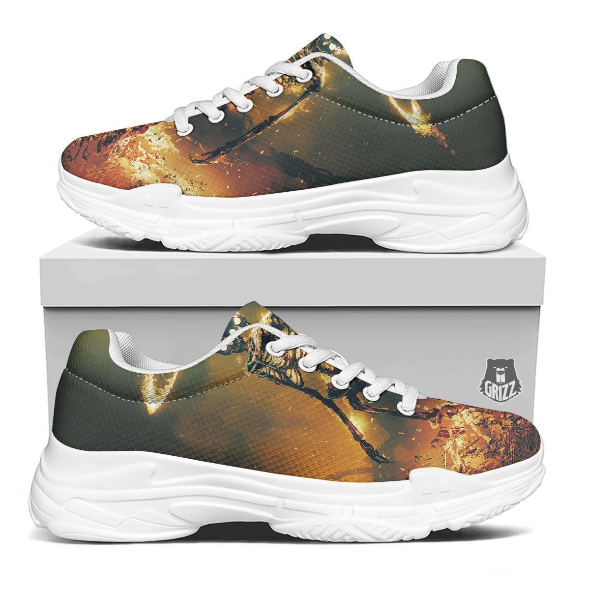 Fire Skeleton Print White Chunky Shoes-grizzshop