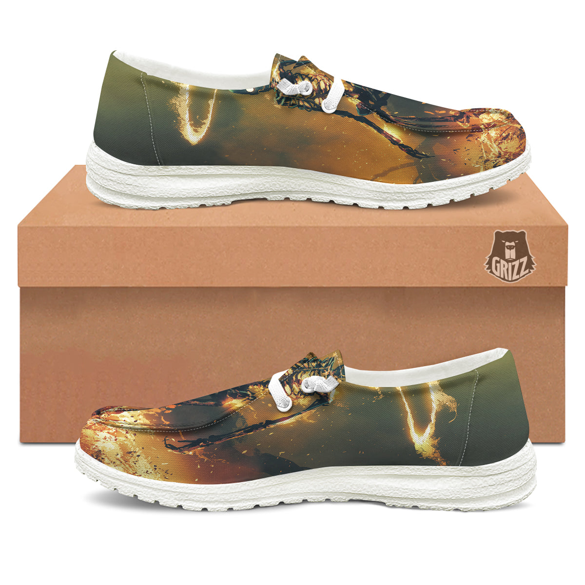 Fire Skeleton Print White Loafers-grizzshop
