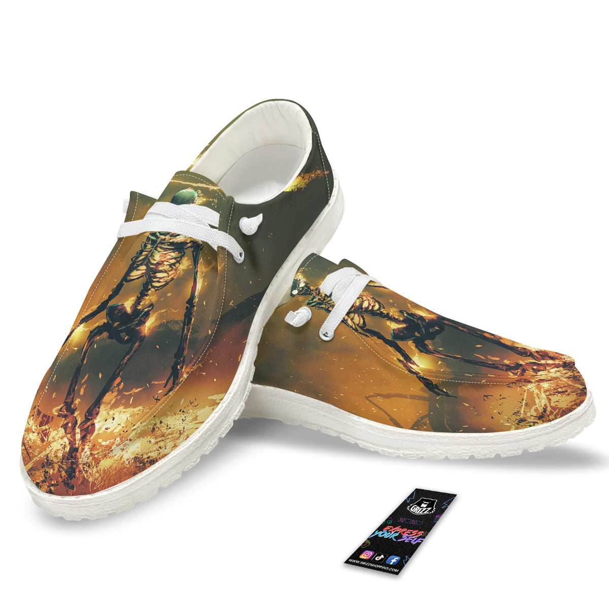 Fire Skeleton Print White Loafers-grizzshop