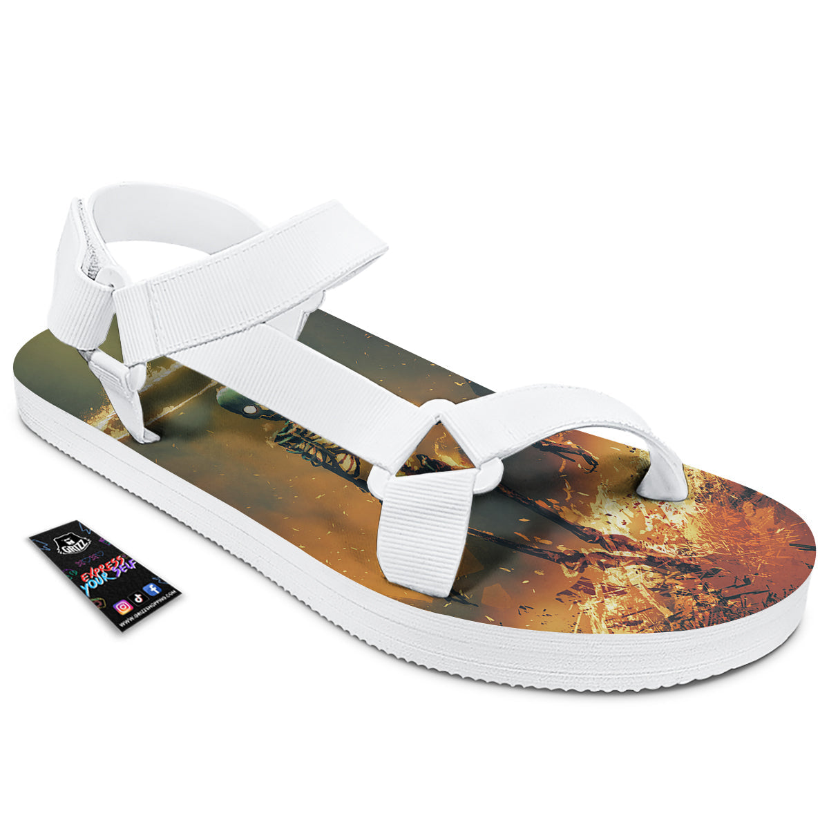 Fire Skeleton Print White Open Toe Sandals-grizzshop