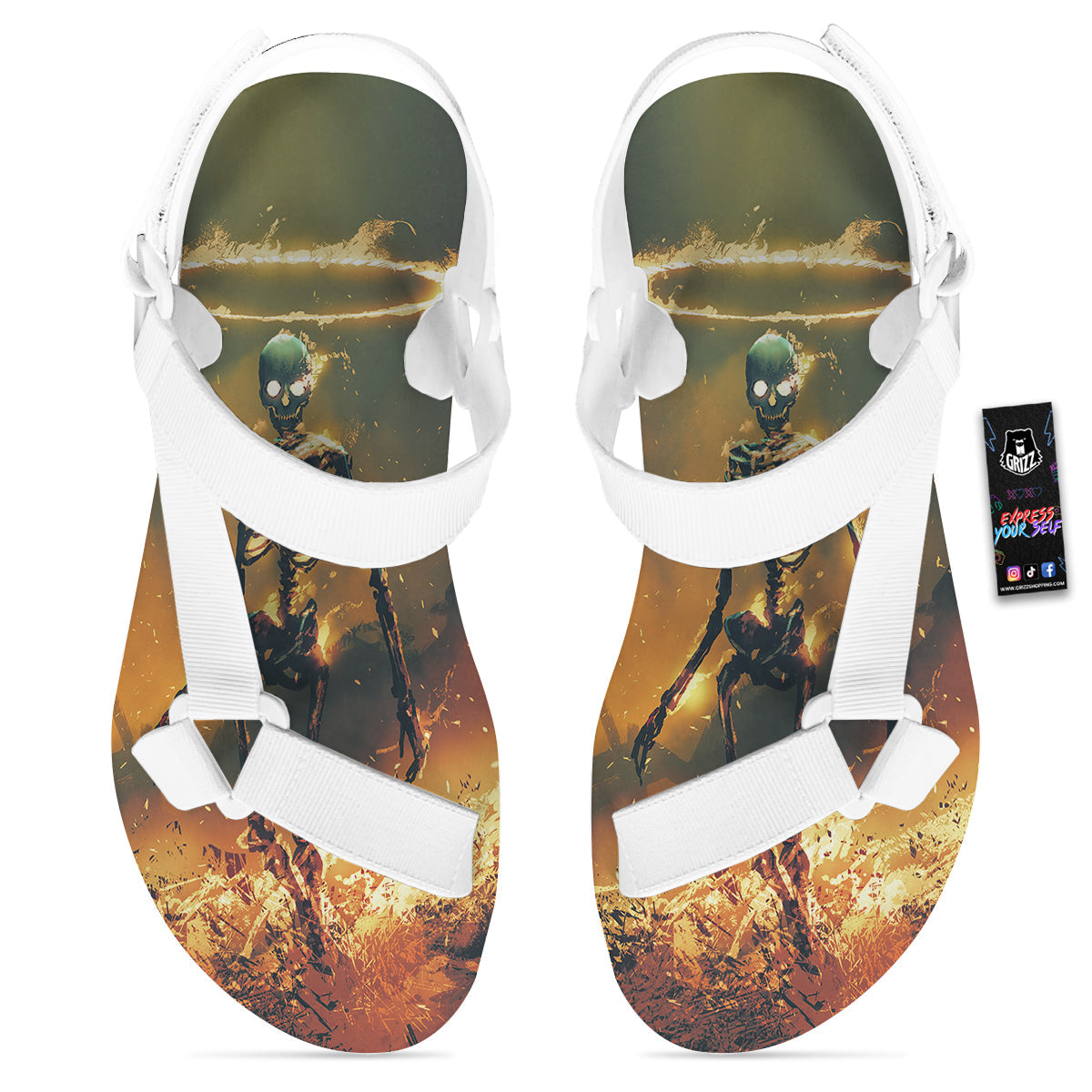 Fire Skeleton Print White Open Toe Sandals-grizzshop