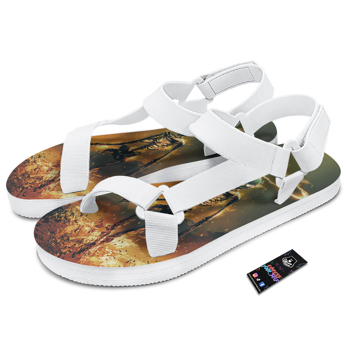 Fire Skeleton Print White Open Toe Sandals-grizzshop