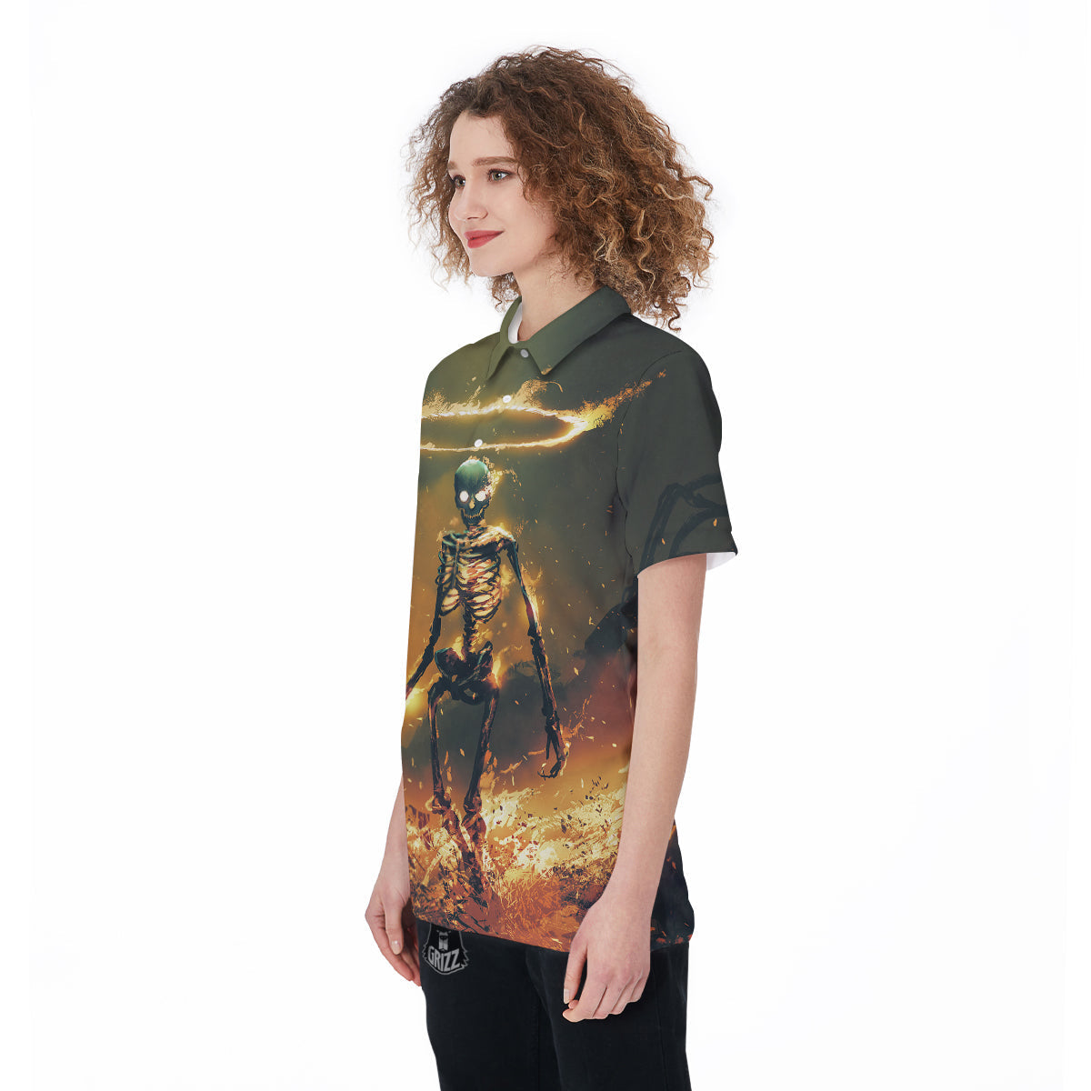 Fire Skeleton Print Women's Golf Shirts-grizzshop