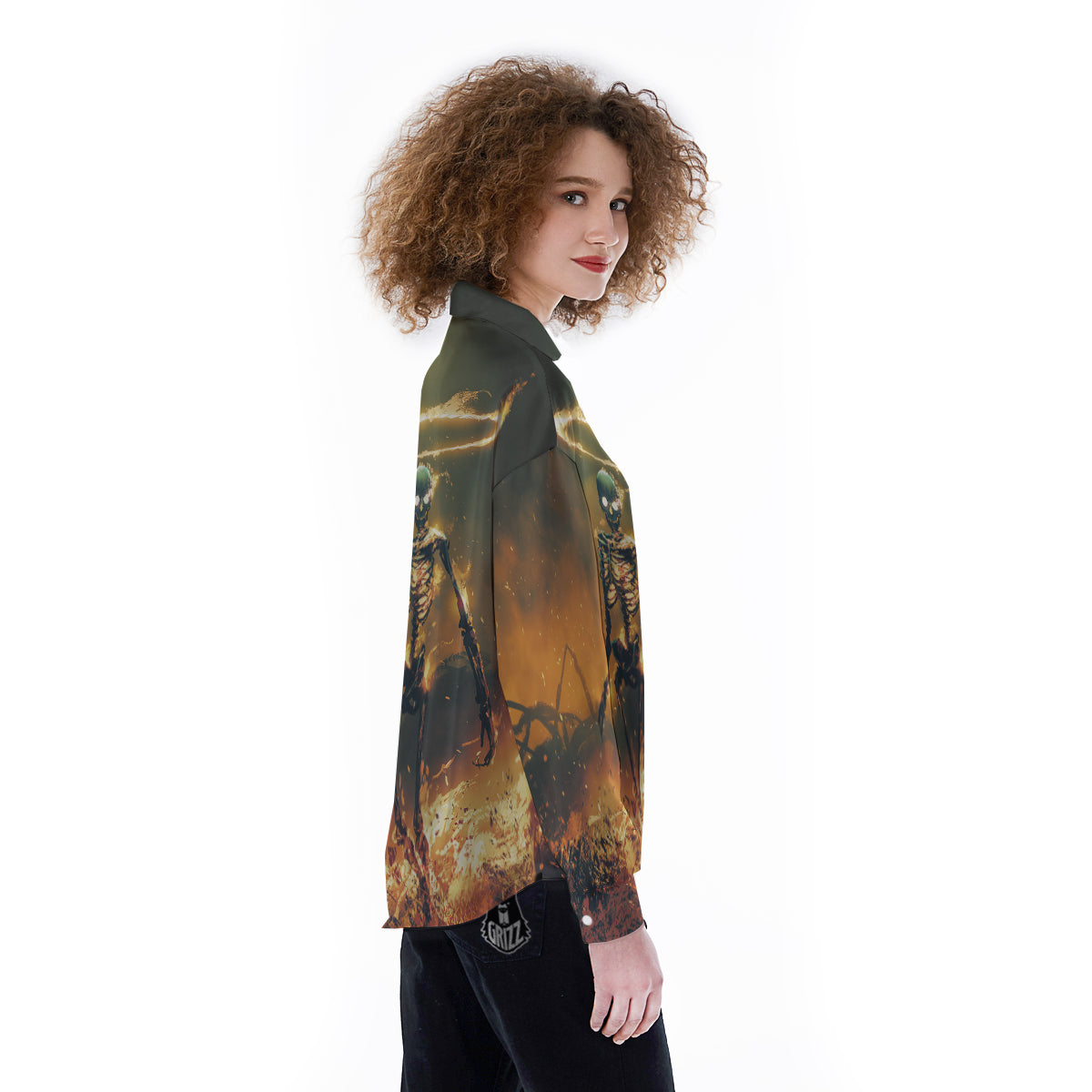 Fire Skeleton Print Women's Long Sleeve Shirts-grizzshop
