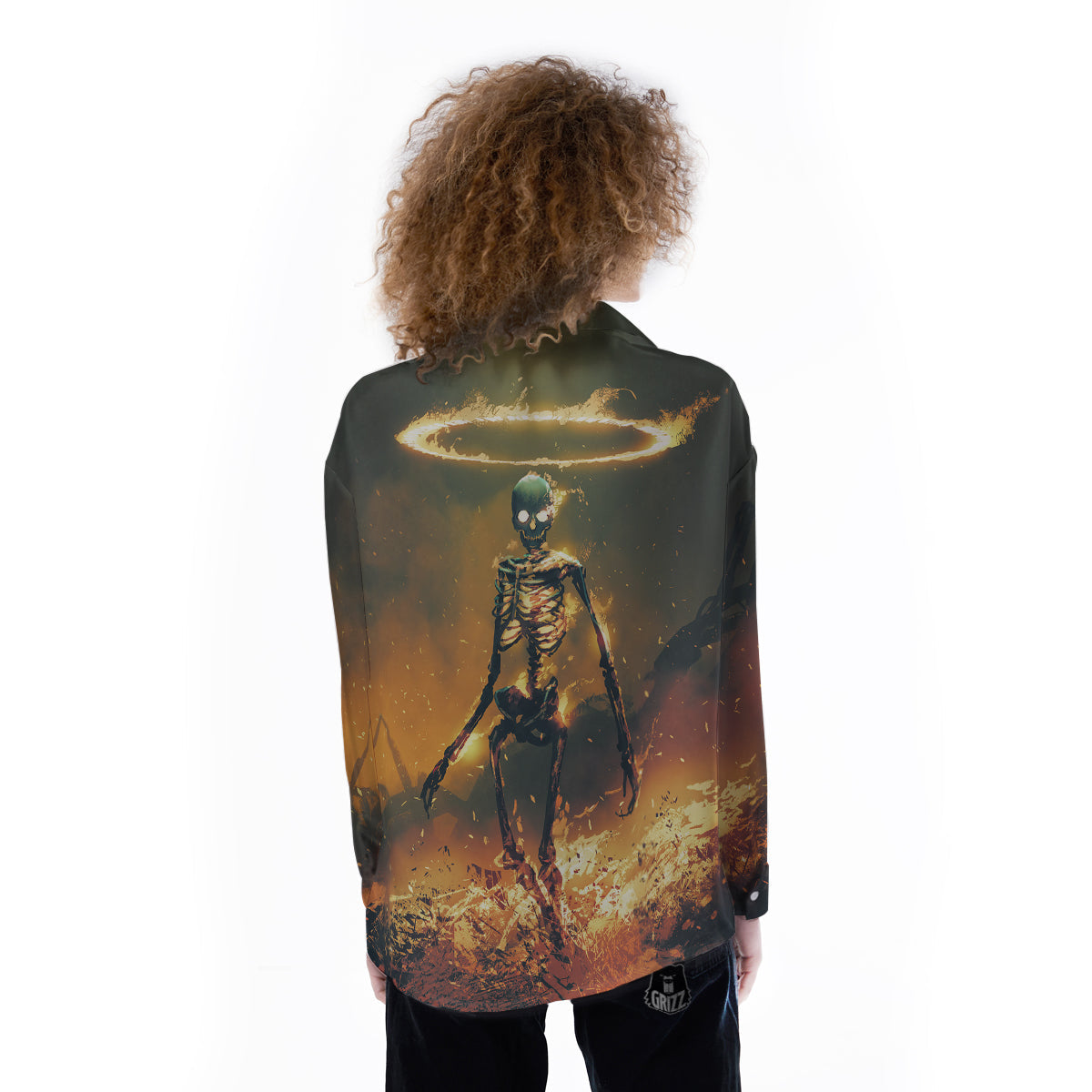 Fire Skeleton Print Women's Long Sleeve Shirts-grizzshop