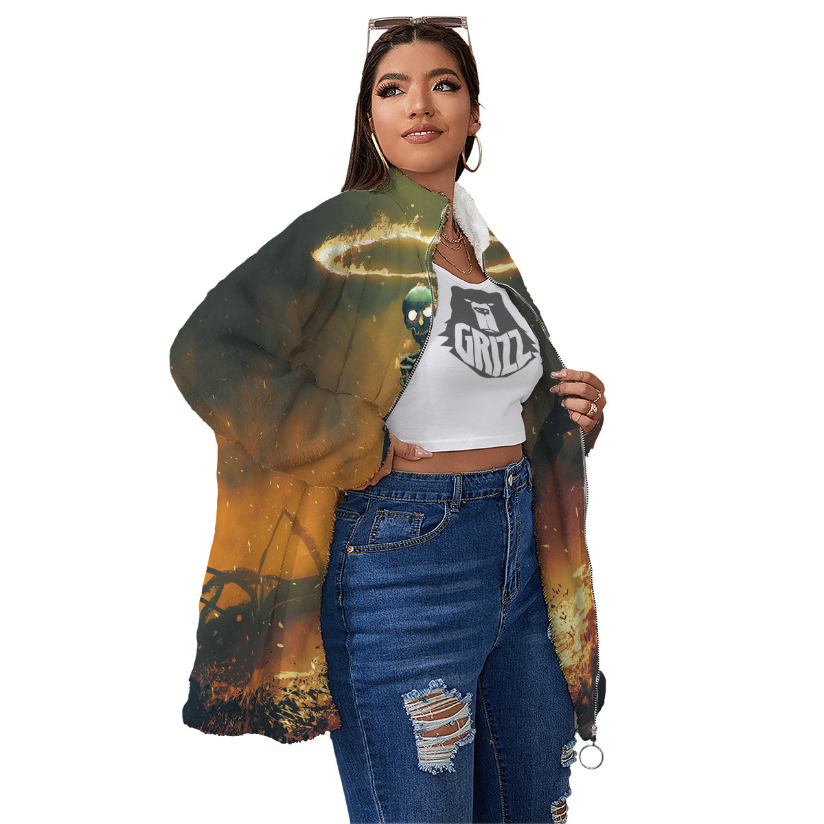 Fire Skeleton Print Women's Sherpa Jacket-grizzshop
