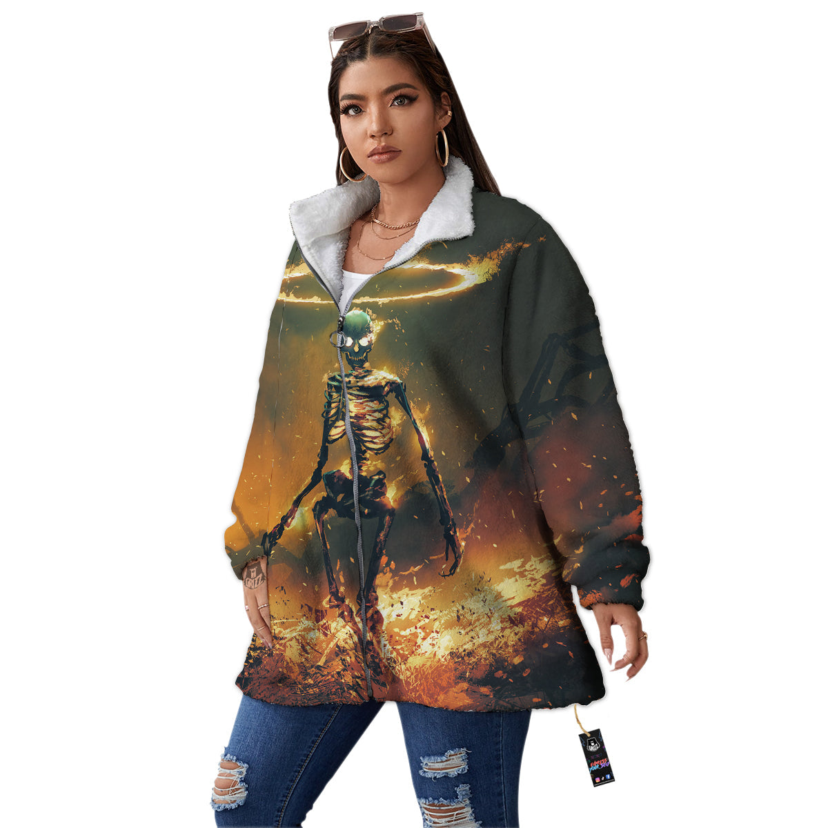 Fire Skeleton Print Women's Sherpa Jacket-grizzshop