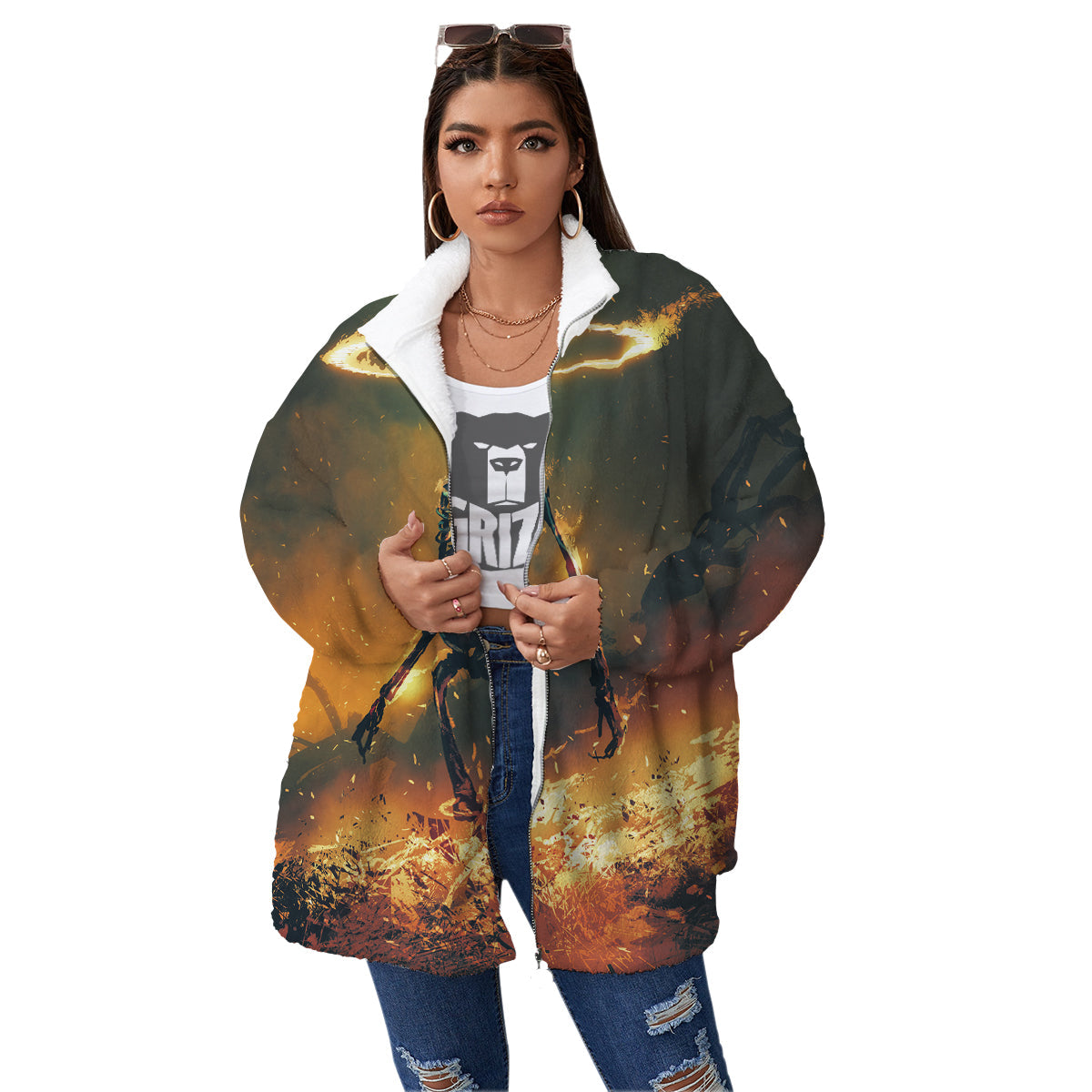 Fire Skeleton Print Women's Sherpa Jacket-grizzshop