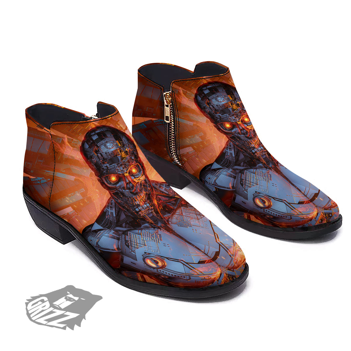 Fire Skeleton Robot Print Ankle Boots-grizzshop