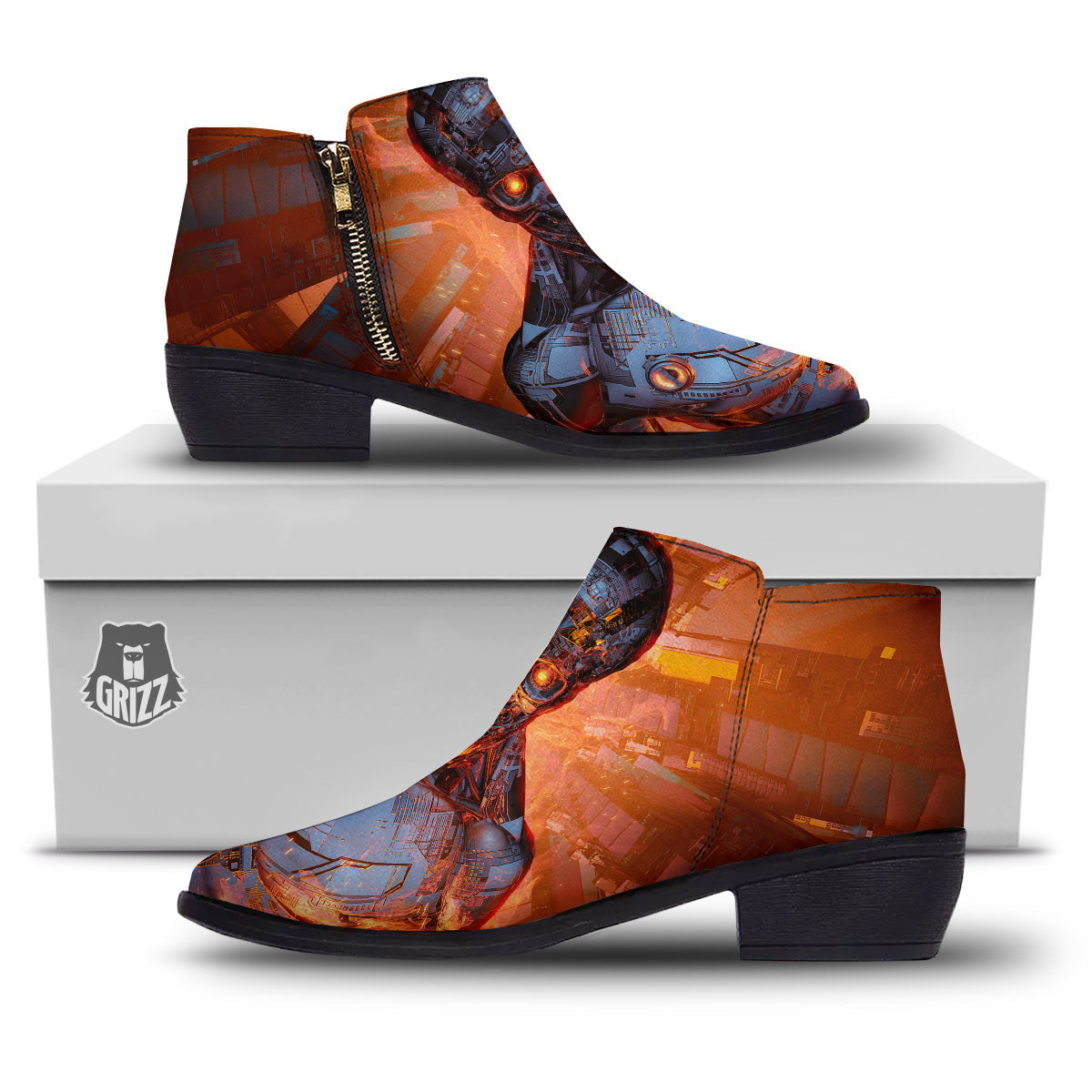 Fire Skeleton Robot Print Ankle Boots-grizzshop