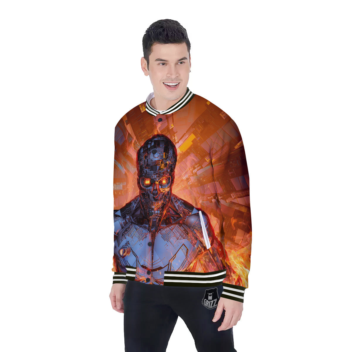 Fire Skeleton Robot Print Baseball Jacket-grizzshop