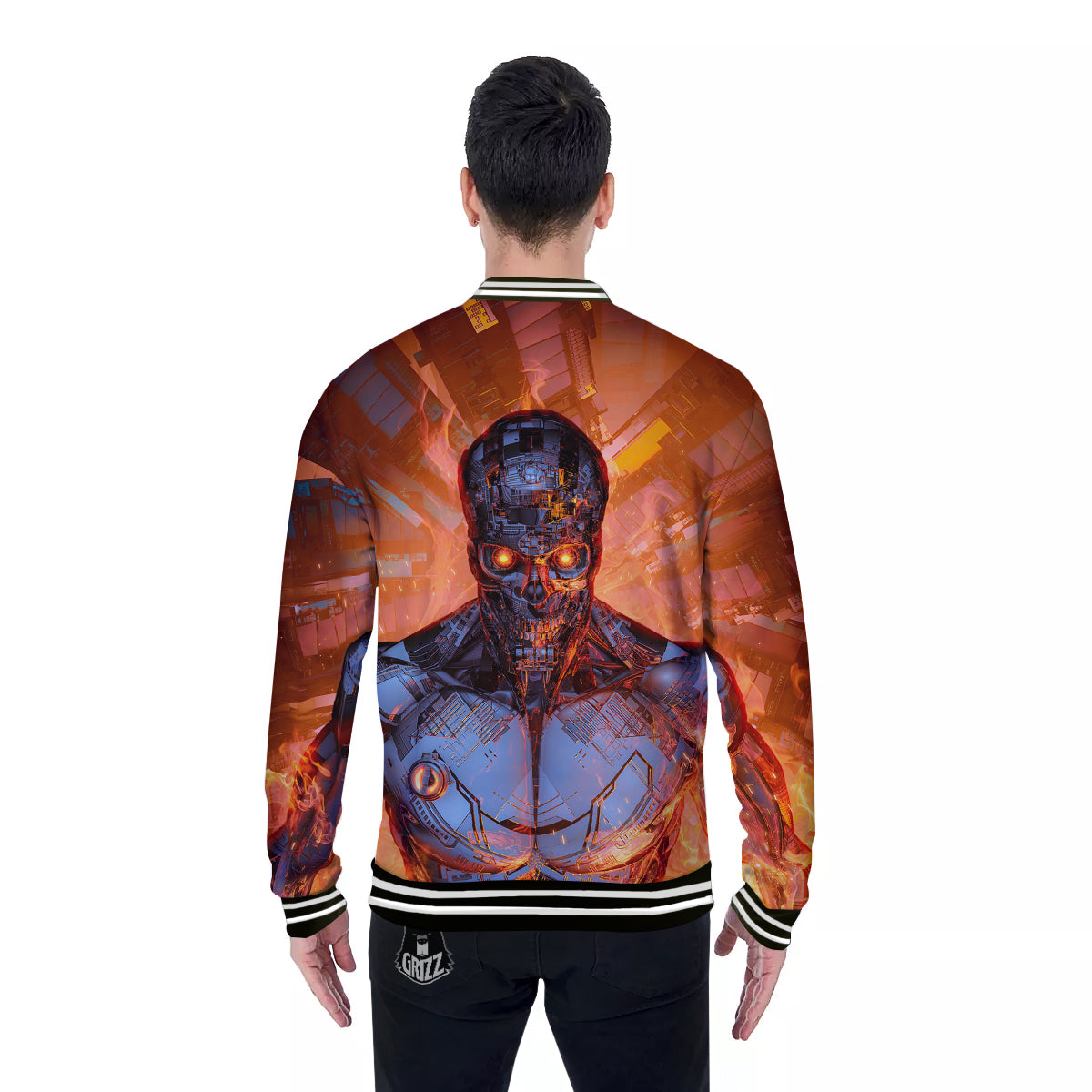 Fire Skeleton Robot Print Baseball Jacket-grizzshop