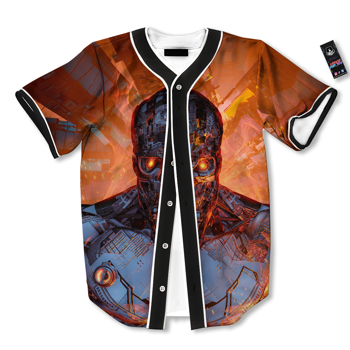 Fire Skeleton Robot Print Baseball Jersey-grizzshop
