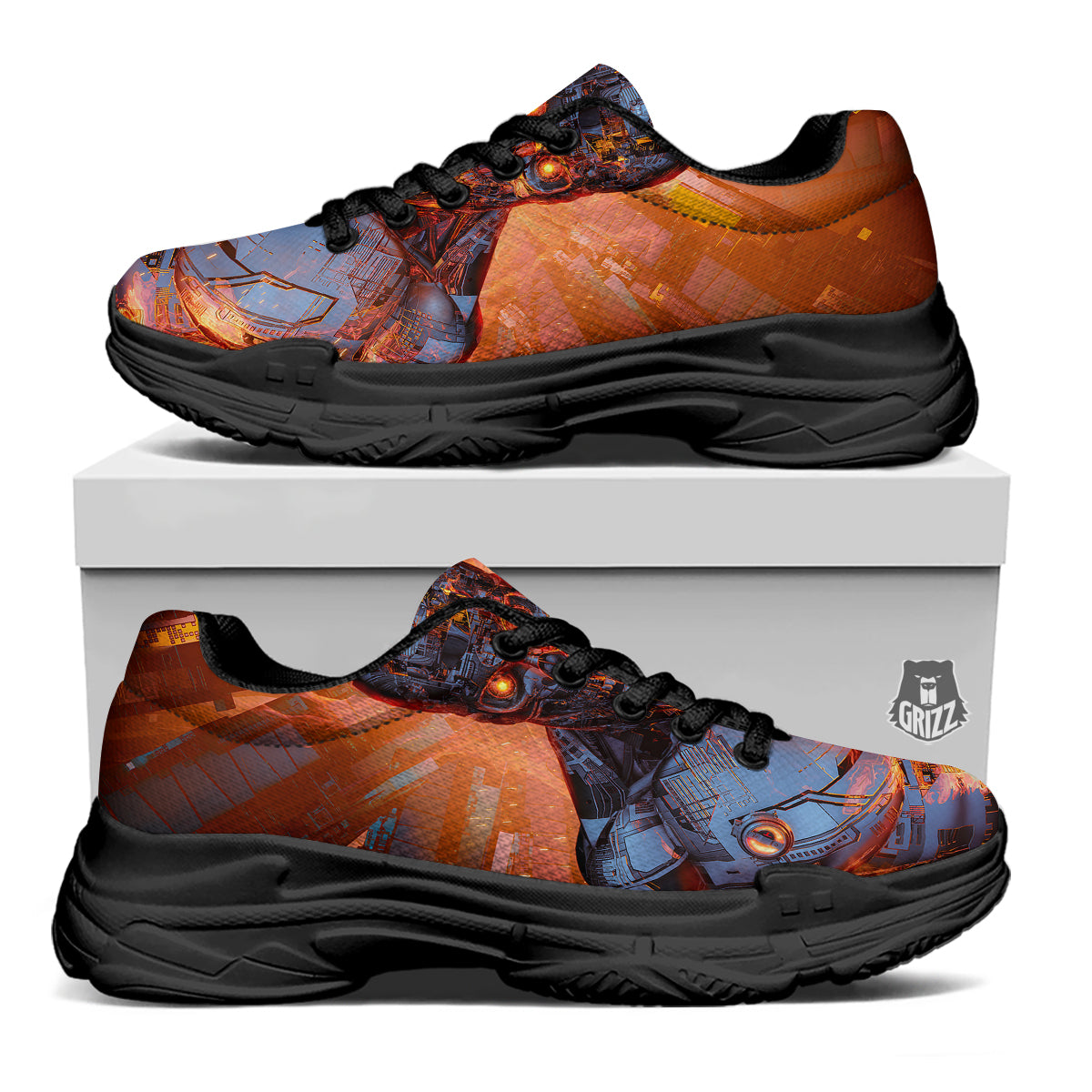 Fire Skeleton Robot Print Black Chunky Shoes-grizzshop