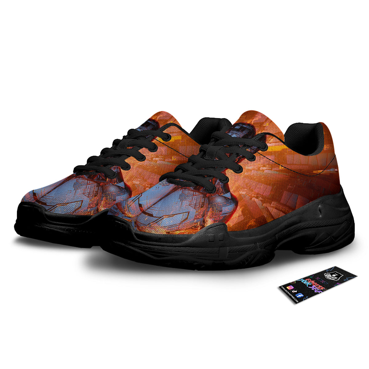 Fire Skeleton Robot Print Black Chunky Shoes-grizzshop