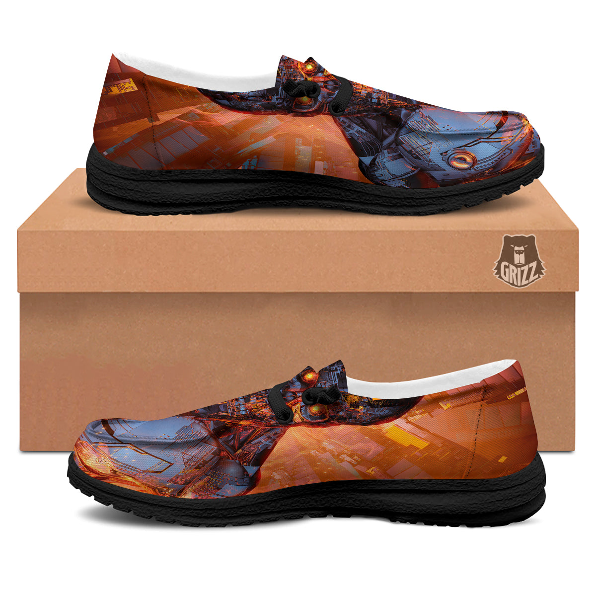 Fire Skeleton Robot Print Black Loafers-grizzshop