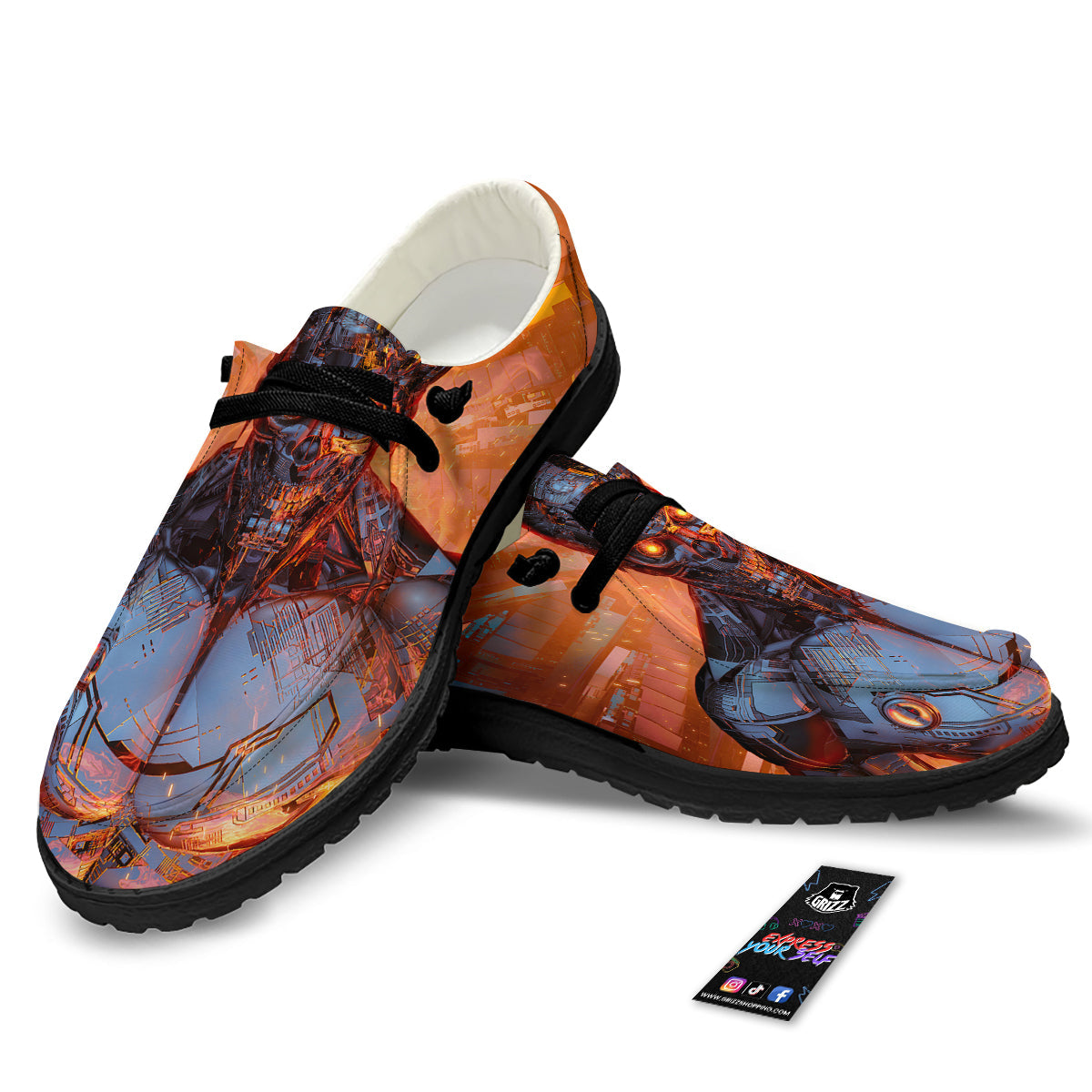 Fire Skeleton Robot Print Black Loafers-grizzshop