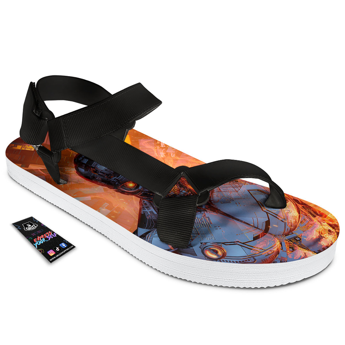 Fire Skeleton Robot Print Black Open Toe Sandals-grizzshop
