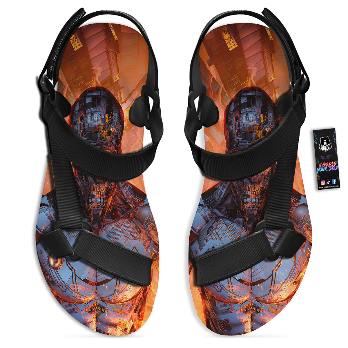 Fire Skeleton Robot Print Black Open Toe Sandals-grizzshop