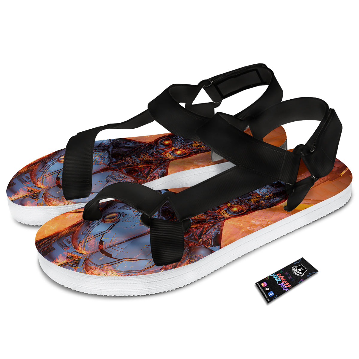 Fire Skeleton Robot Print Black Open Toe Sandals-grizzshop