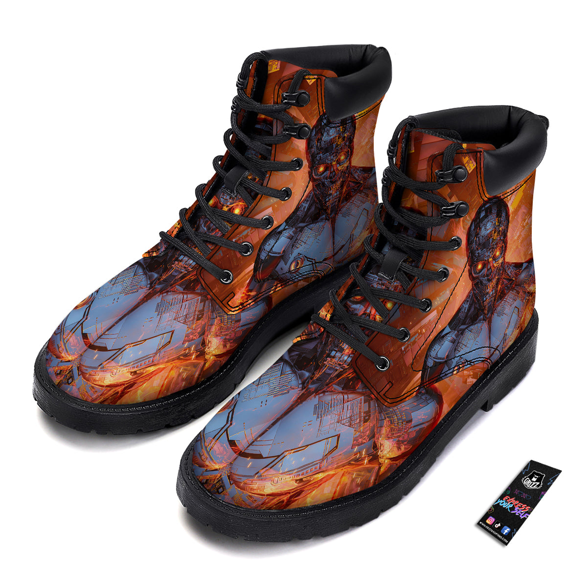Fire Skeleton Robot Print Boots-grizzshop