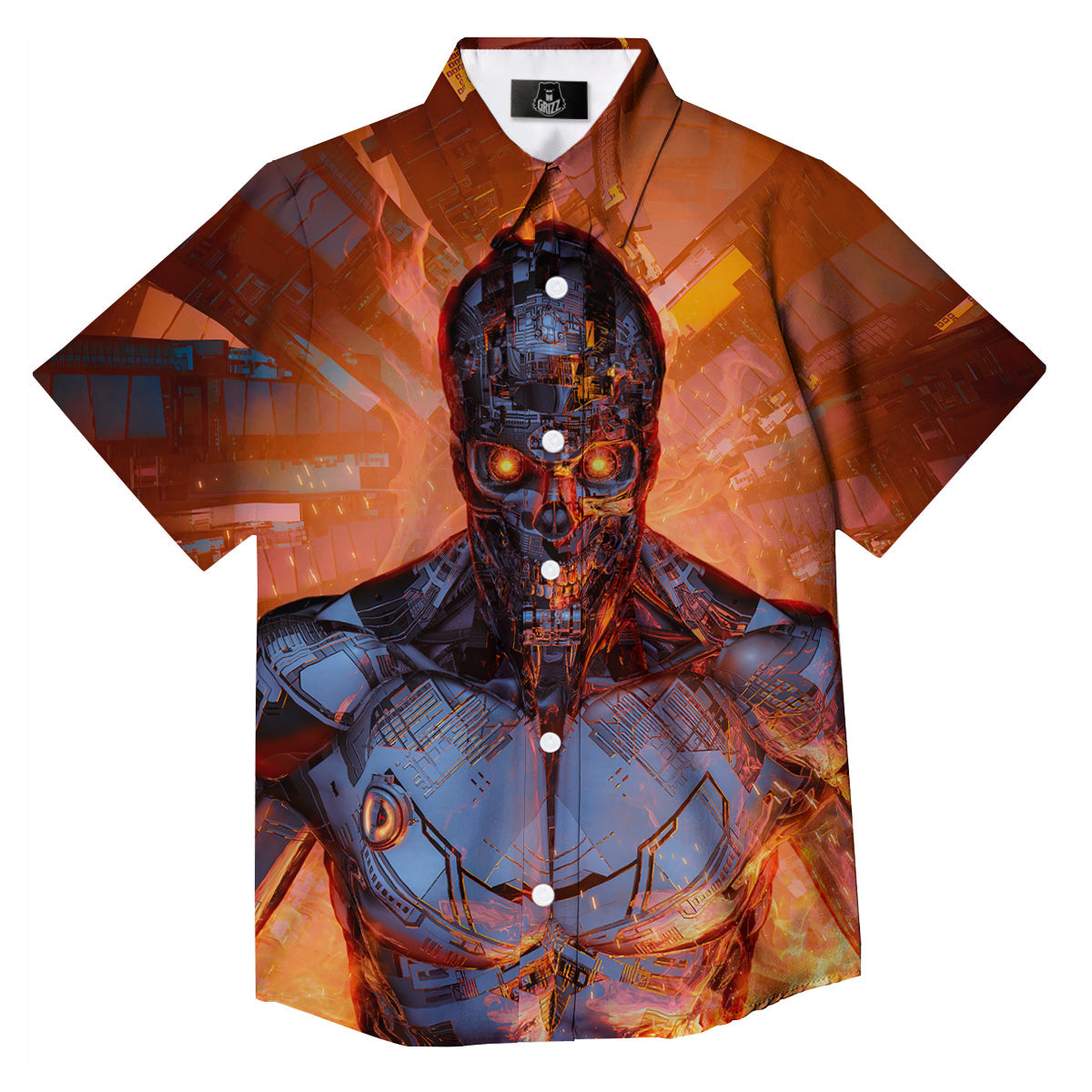 Fire Skeleton Robot Print Button Up Shirt-grizzshop