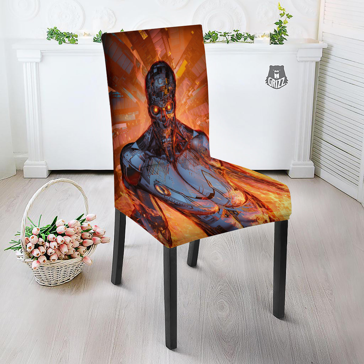 Fire Skeleton Robot Print Dining Chair Slipcover-grizzshop