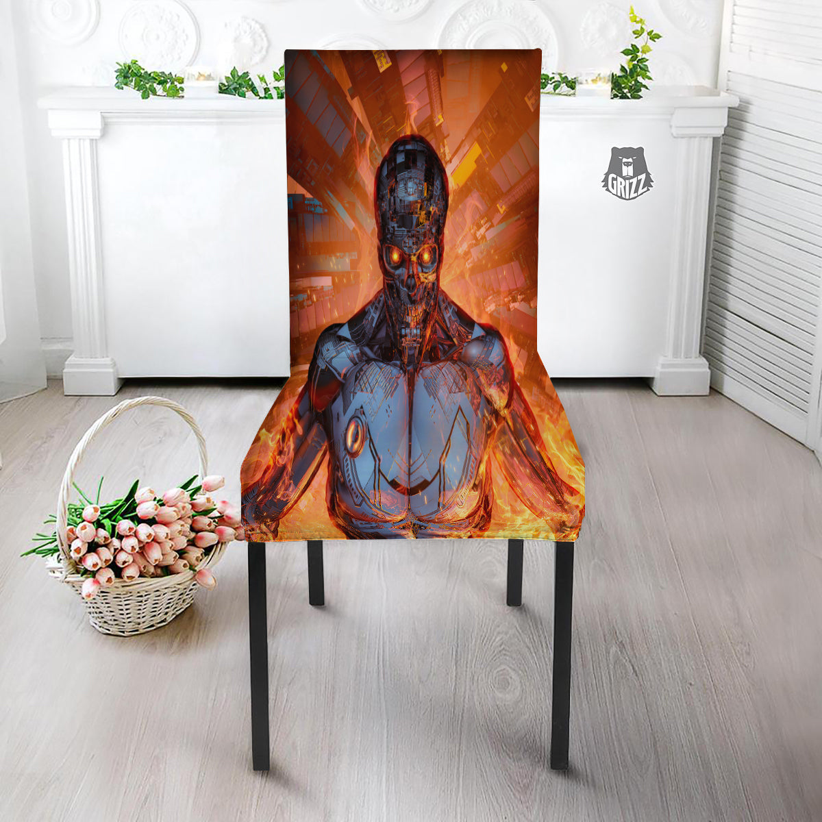 Fire Skeleton Robot Print Dining Chair Slipcover-grizzshop