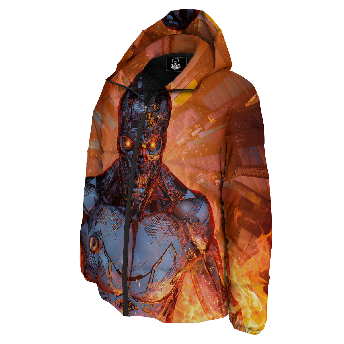 Fire Skeleton Robot Print Down Jacket-grizzshop