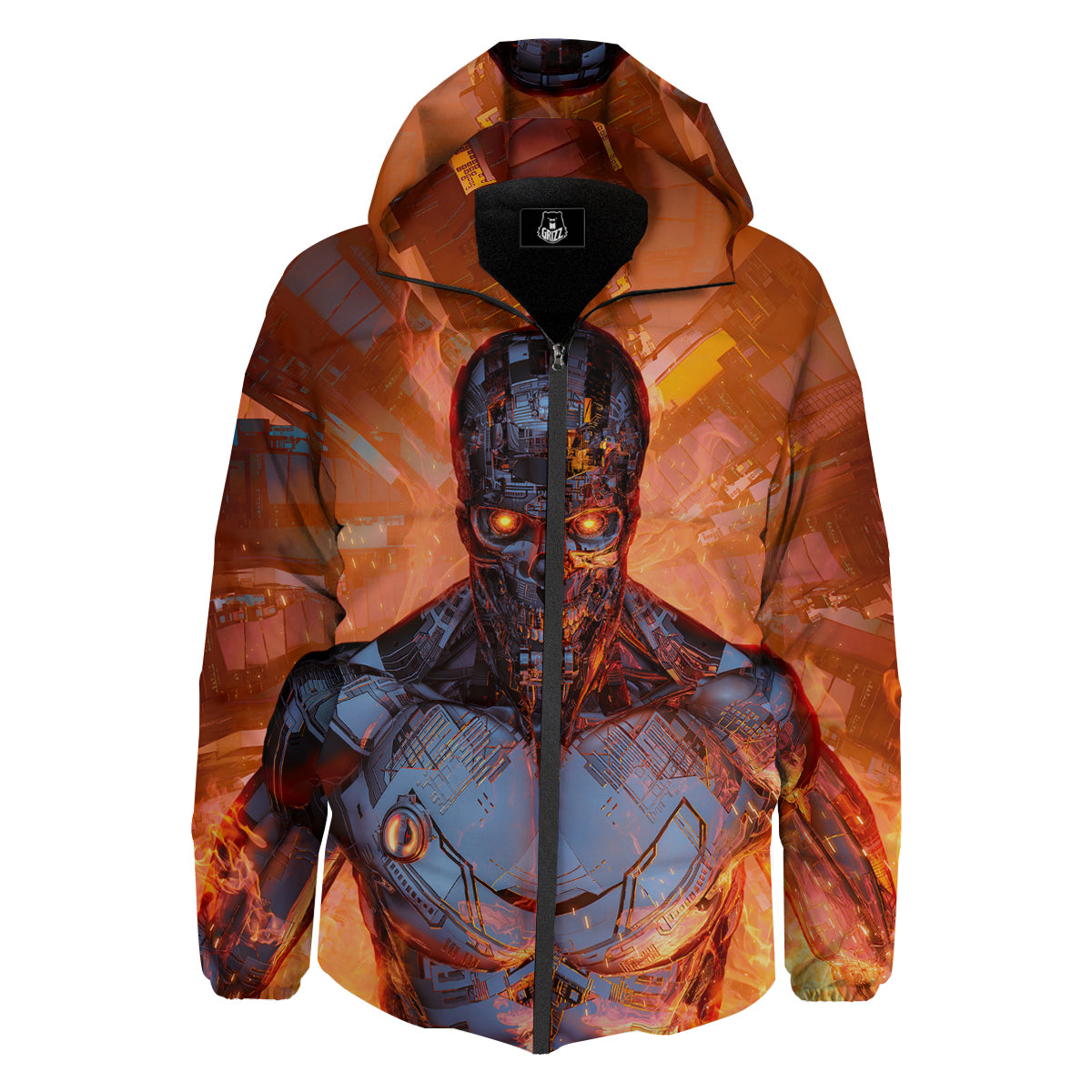 Fire Skeleton Robot Print Down Jacket-grizzshop