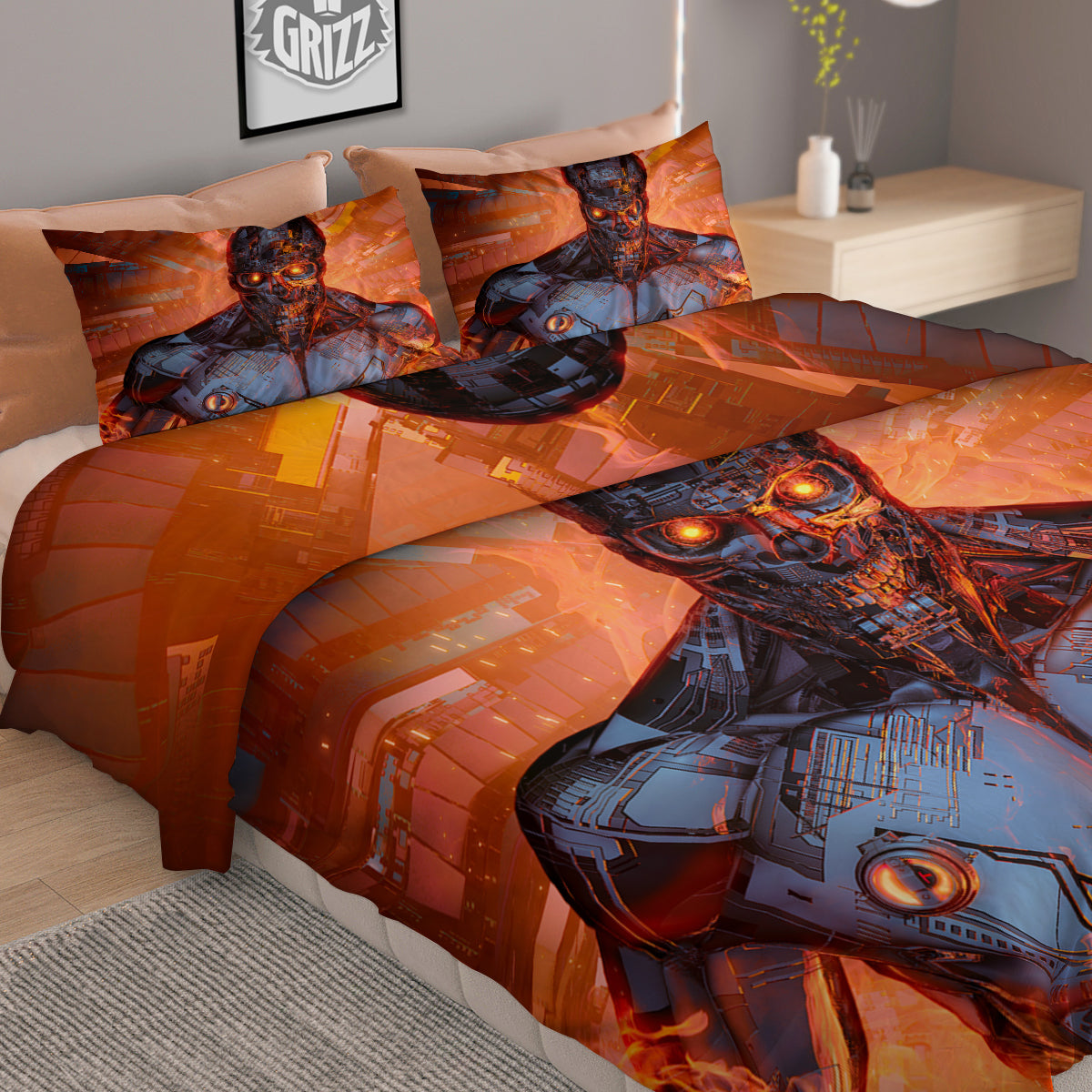 Fire Skeleton Robot Print Duvet Cover Bedding Set