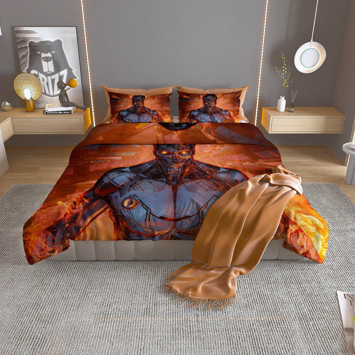 Fire Skeleton Robot Print Duvet Cover Bedding Set