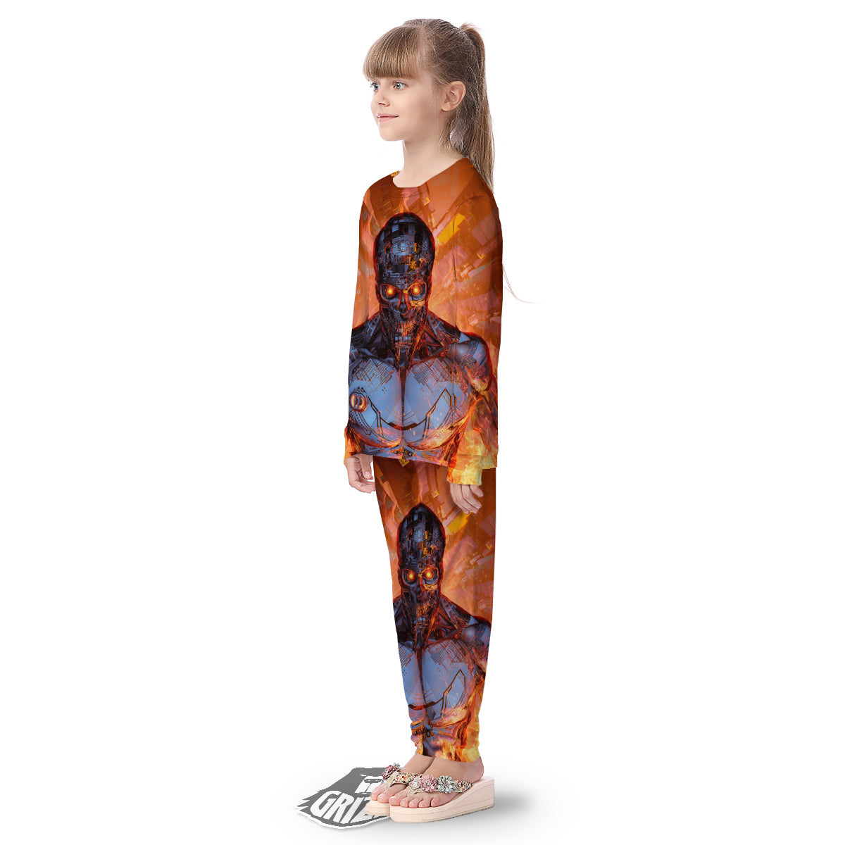 Fire Skeleton Robot Print Kid's Pajamas-grizzshop